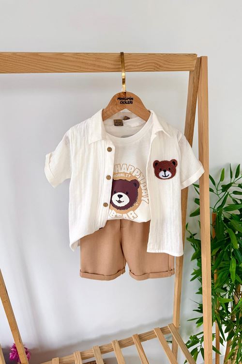 Miniğimin Cicileri Bear Panç İşleme Detaylı Müslin Erkek 3 lü Takım - Beyaz