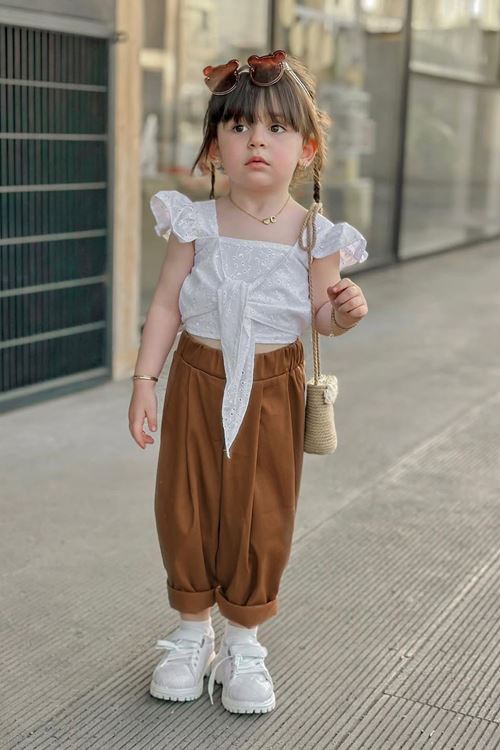 Miniğimin Cicileri Güpürlü Bağlama Detaylı Kız Çocuk 2 li Takım - Kahverengi