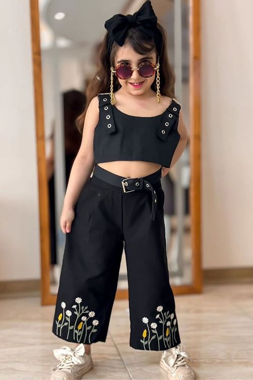 Miniğimin Cicileri Kuşgözü Detaylı Papatya İşlemeli Kız Çocuk Takım - Siyah