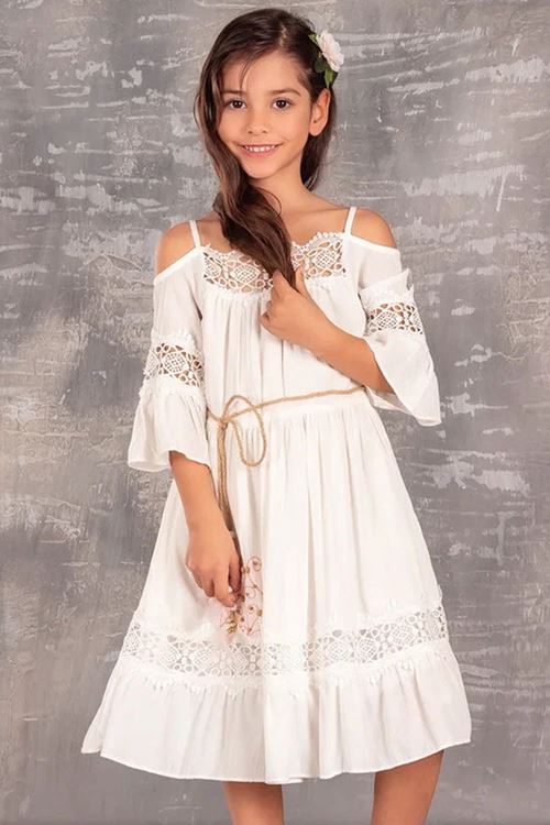 Miniğimin Cicileri Dantel ve Omuz Detaylı Kız Çocuk Bohem Elbise - Ekru