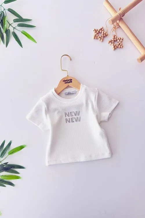 Miniğimin Cicileri New Taş İşlemeli Kız Çocuk Esnek Crop - Beyaz