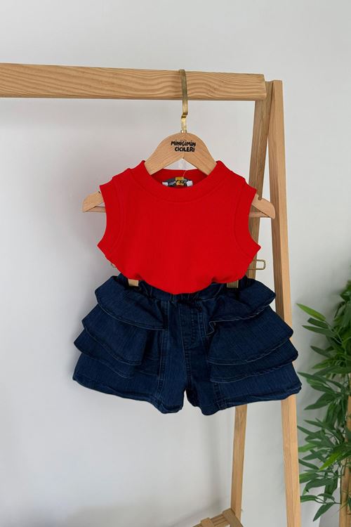 Miniğimin Cicileri Fırfırlı Kot Şortlu Kırmızı Ribana Atletli Kız Çocuk 2’li Takım - Kırmızı