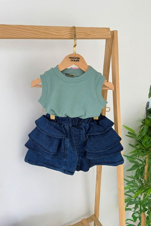 Miniğimin Cicileri Fırfırlı Kot Şortlu Kırmızı Ribana Atletli Kız Çocuk 2’li Takım - Yeşil