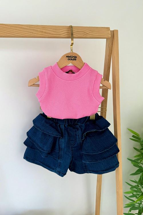 Miniğimin Cicileri Fırfırlı Kot Şortlu Kırmızı Ribana Atletli Kız Çocuk 2’li Takım - Pembe