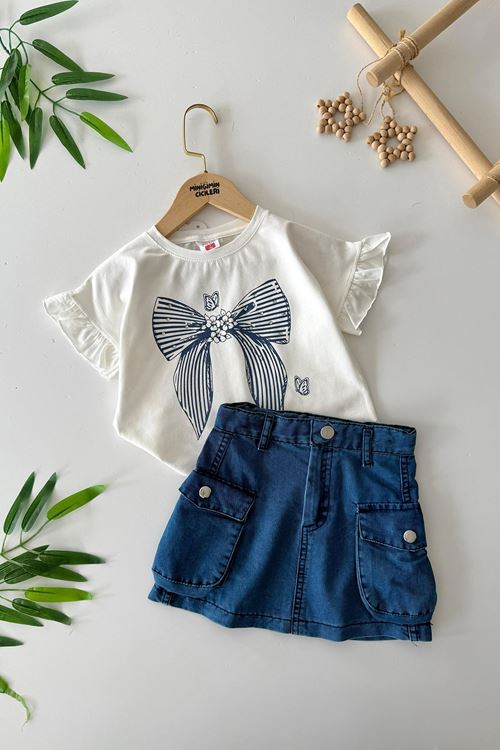 Miniğimin Cicileri İnce Kot Etekli Fiyonk Desenli Kız Çocuk 2 li Takım - Mavi