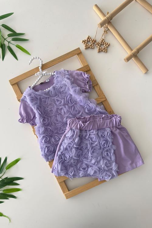 Miniğimin Cicileri Tül Çiçek Detaylı Kız Çocuk Şort Etekli 2 li Penye Takım - Lila