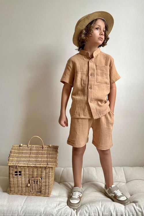 Miniğimin Cicileri Nefes Alan Müslin Kumaş Cepli Yazlık Erkek Çocuk Rahat Takım - Kahve