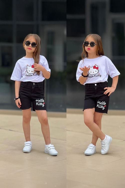 Miniğimin Cicileri Hll Kty Baskılı Kot Şortlu Kız Çocuk 2 li Takım - Beyaz
