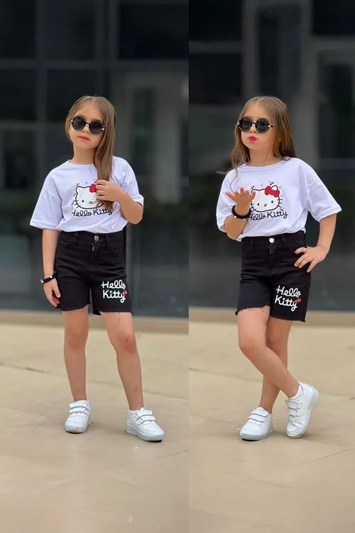 Miniğimin Cicileri Hll Kty Baskılı Kot Şortlu Kız Çocuk 2 li Takım - Beyaz