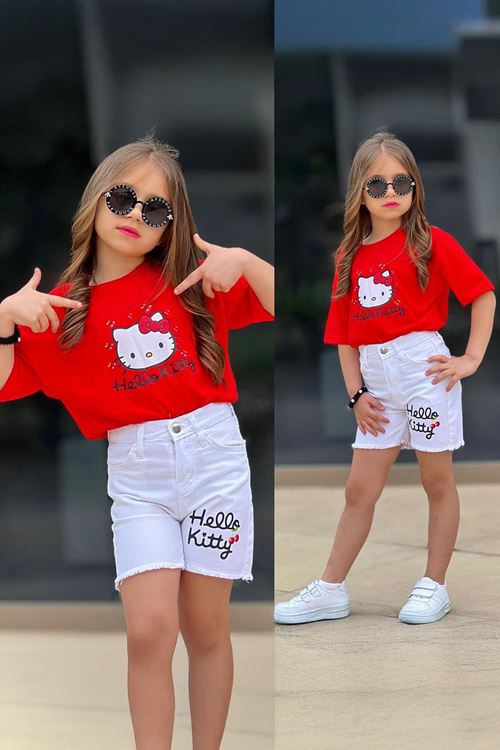 Miniğimin Cicileri Hll Kty Baskılı Kot Şortlu Kız Çocuk 2 li Takım - Kırmızı