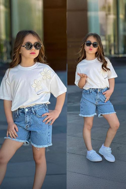 Miniğimin Cicileri Çiçek Taş Desenli Kız Çocuk Kot Şotlu Takım - Mavi