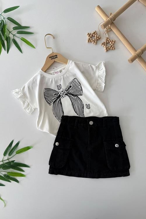 Miniğimin Cicileri İnce Kot Etekli Fiyonk Desenli Kız Çocuk 2 li Takım - Siyah