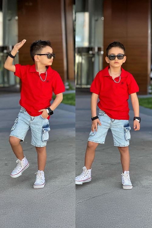 Miniğimin Cicileri Kot Şortlu Lacost Yakalı Erkek Çocuk Takım - Kırmızı