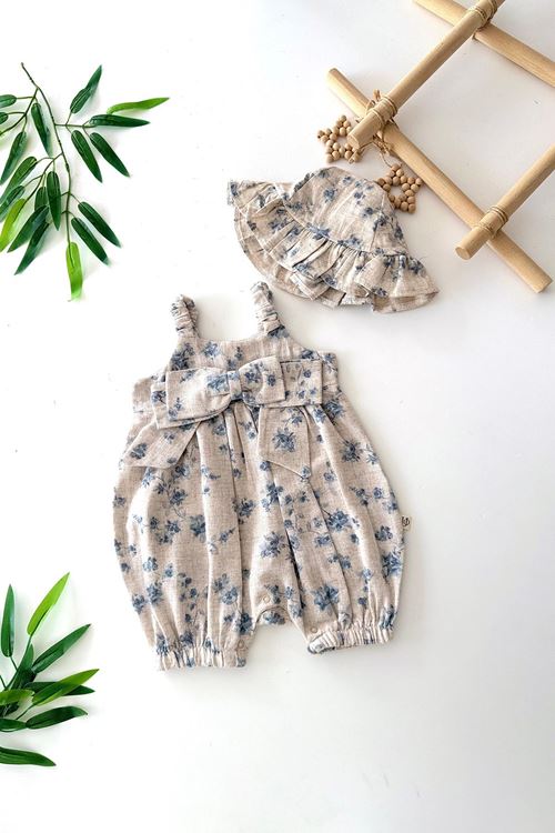 Miniğimin Cicileri Fiyonk Detaylı  Çiçek Desenli Şapkalı Kız Bebe Tulum Takım - Krem