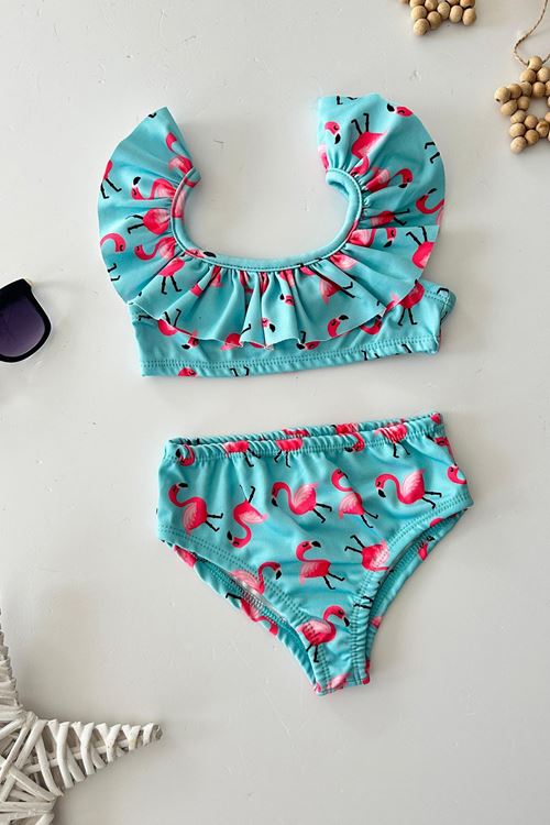 Miniğimin Cicileri (3-10 Yaş) Flamingo Detaylı Kız Çocuk Bikini Mayo Takım - Turkuaz