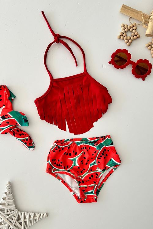 Miniğimin Cicileri (2-8 Yaş) Karpuz Baskılı Püsküllü Kız Çocuk Mayo Bikini Takım - Kırmızı