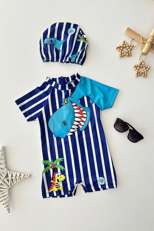 Miniğimin Cicileri (2-8 Yaş) Dino Desenli Erkek Çocuk Mayo Bone Takım - Lacivert