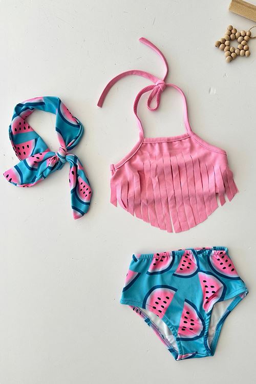 Miniğimin Cicileri (2-8 Yaş) Karpuz Baskılı Püsküllü Kız Çocuk Mayo Bikini Takım - Pembe