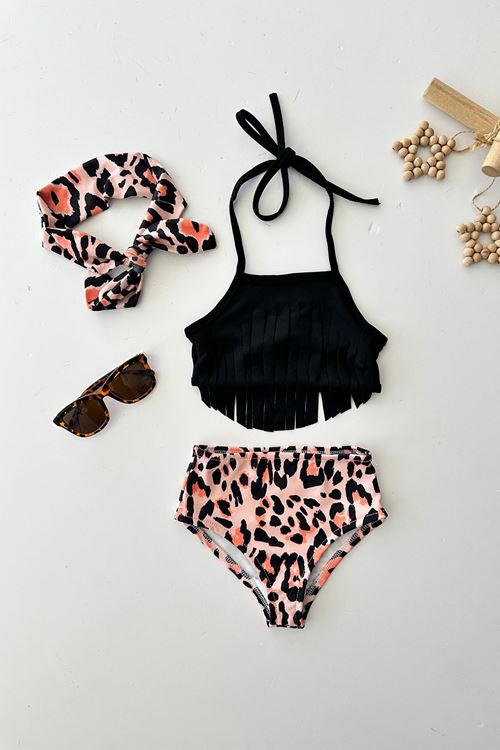 Miniğimin Cicileri (2-8 Yaş) Leopar Baskılı Püsküllü Kız Çocuk Mayo Bikini Takım - Siyah