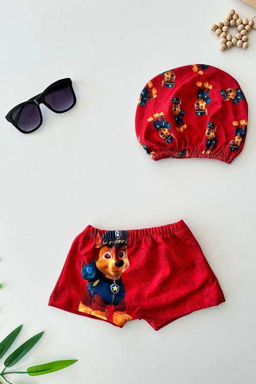 Miniğimin Cicileri (2-8 Yaş) Karakter Desenli Erkek Çocuk Mayo Bone Takım - Kırmızı