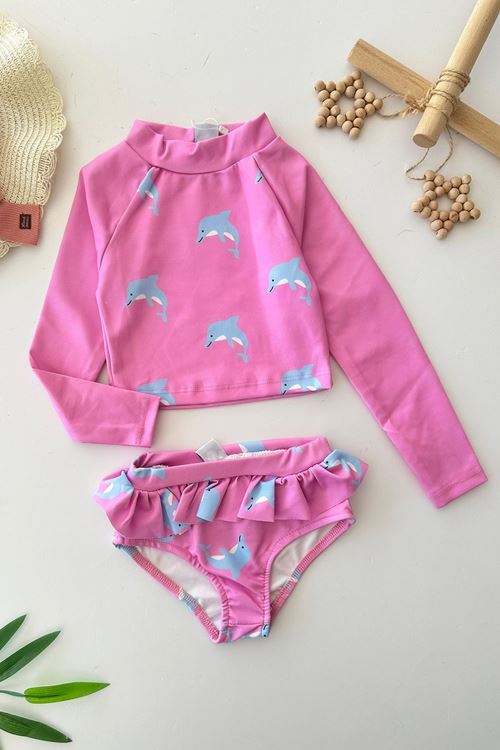Miniğimin Cicileri (2-10 Yaş) Yunus Baskılı Uzun Kol Kız Çocuk Mayo Bikini Takım - Pembe