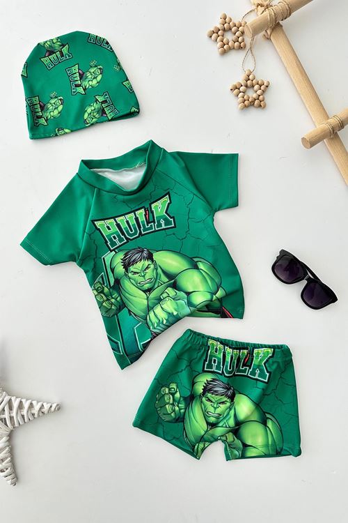 Miniğimin Cicileri Hulk Baskılı Erkek Çocuk Mayo Bone Takım - Yeşil