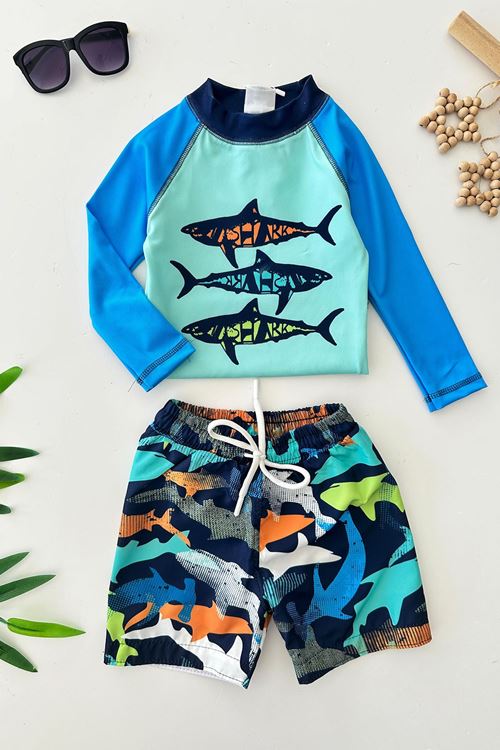 Miniğimin Cicileri Balık Baskılı Uzun Kol Erkek Çocuk Mayo Takım - Mavi