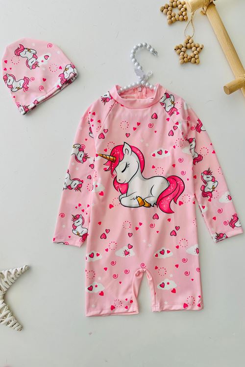 Miniğimin Cicileri Uncrn Baskılı Kız Çocuk Uzun Kol Boneli Mayo Takımı - Pembe