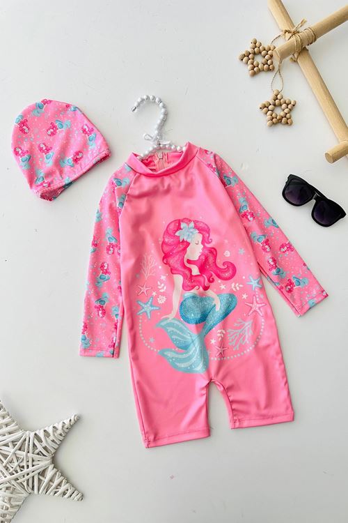 Miniğimin Cicileri Denizkızı Desenli Kız Çocuk Mayo Bone Takım - Pembe