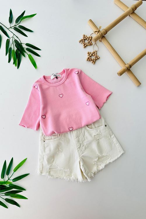 Miniğimin Cicileri Yırtık Kot Şortlu Kız Çocuk Kalp İşlemeli Takım - Pembe