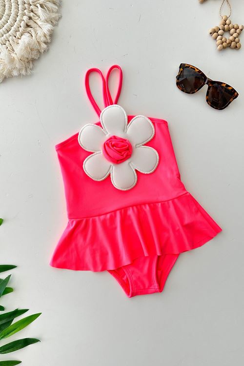 Miniğimin Cicileri Neon Papatya Aplikeli Kız Çocuk Mayo - Pembe