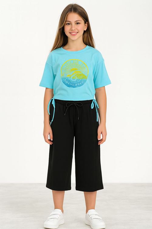Minigimin Cicileri (9-14 Yaş ) Oversize Yanı Büzgülü Croplu Kız Çocuk Kapri Takım - Açık Mavi