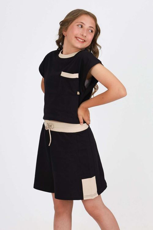 Miniğimin Cicileri 7-14 yaş ribana detaylı çocuk şortlu takım - Siyah