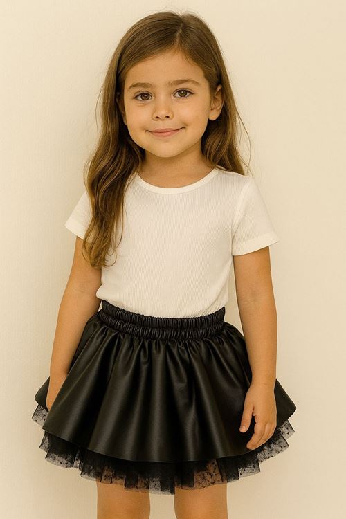 Miniğimin Cicileri Deri Tül Detaylı Kız Çocuk Kabarık Etek - Siyah