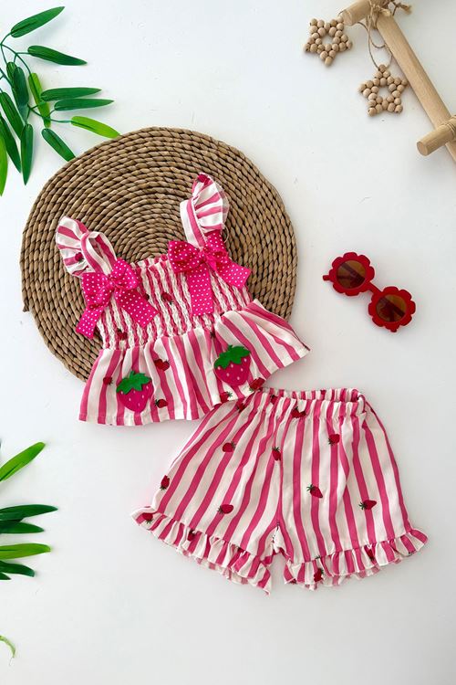 Minigimin Cicileri Fiyonk Desenli Çilek Baskılı Gipeli Kız Çocuk 2 Li Takım - Pembe