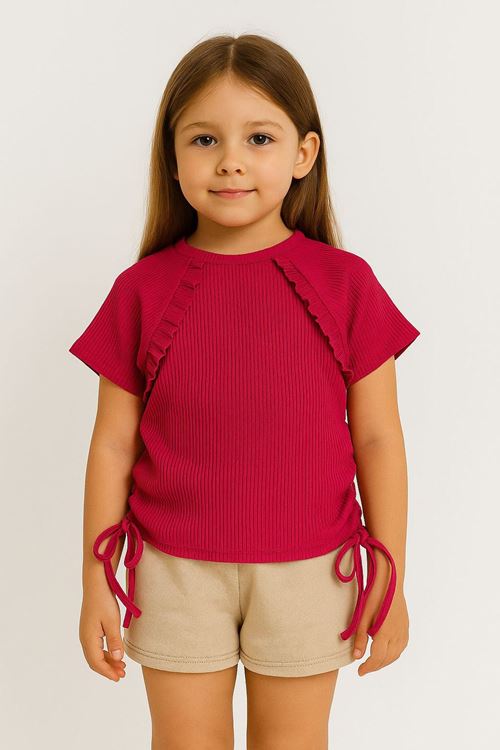 Miniğimin Cicileri Yandan Bağlama Detaylı Kaşkorse Kız Çocuk Crop - Fuşya