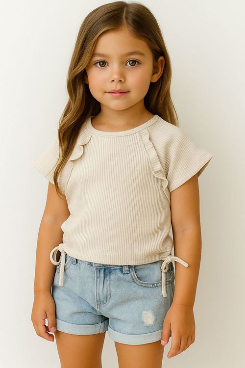 Miniğimin Cicileri Yandan Bağlama Detaylı Kaşkorse Kız Çocuk Crop - Taş