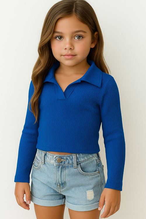 Miniğimin Cicileri Dik Yaka Detaylı Kız Çocuk Crop - Koyu Mavi