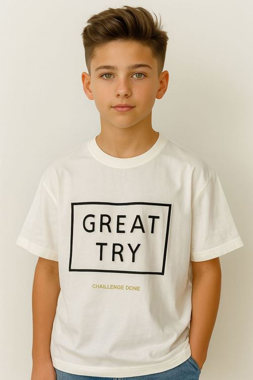 Miniğimin Cicileri Great Try 3D Baskılı Erkek Çocuk Tşört - Beyaz
