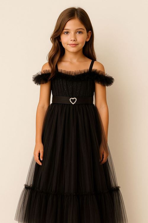 Miniğimin Cicileri Kalp Düşük Kollu Broş Detaylı Detaylı Payetli Tük Kız Çocuk Abiye - Siyah