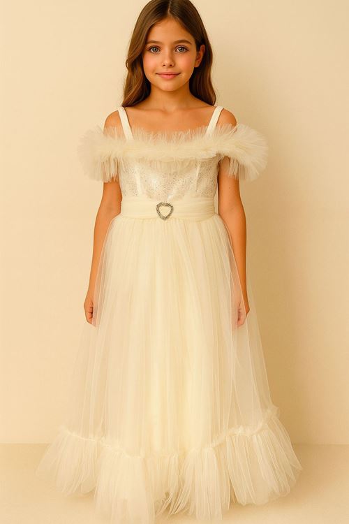 Miniğimin Cicileri Kalp Düşük Kollu Broş Detaylı Detaylı Payetli Tük Kız Çocuk Abiye - Krem