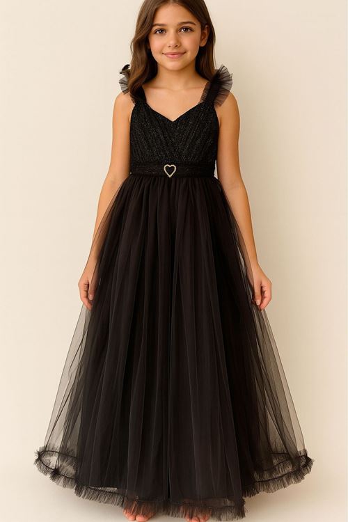 Miniğimin Cicileri Kalp Broş Askılı Detaylı Payetli Tük Kız Çocuk Abiye - Siyah