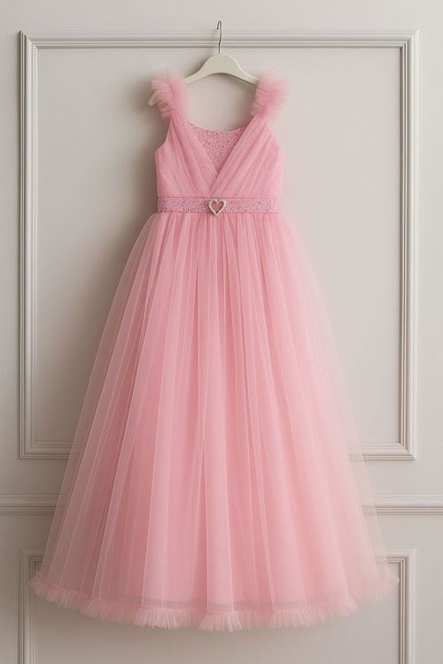 Miniğimin Cicileri Kalp Broş Askılı Detaylı Payetli Tük Kız Çocuk Abiye - Pembe