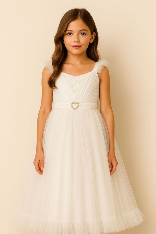 Miniğimin Cicileri Kalp Broş Askılı Detaylı Payetli Tük Kız Çocuk Abiye - Beyaz