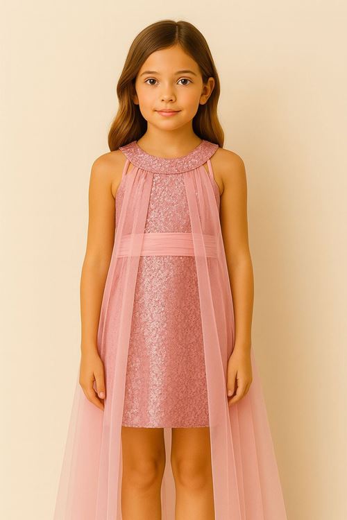 Miniğimin Cicileri Payetli Tül Başlıklı  Kız Çocuk Abiye Elbise - Pembe