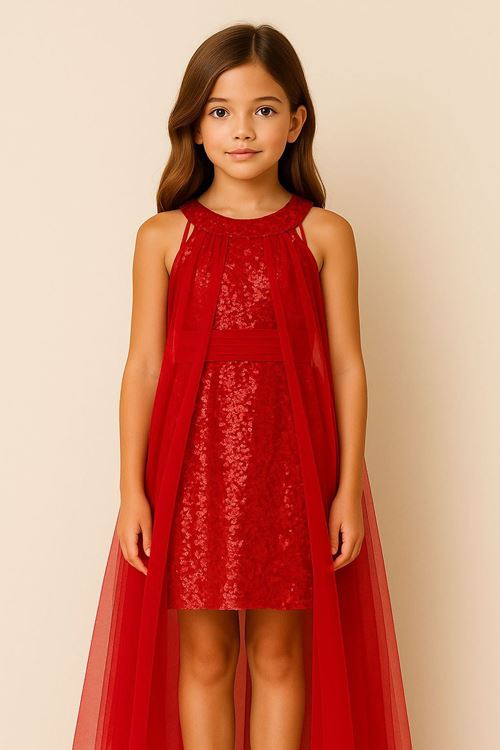 Miniğimin Cicileri Payetli Tül Başlıklı  Kız Çocuk Abiye Elbise - Kırmızı