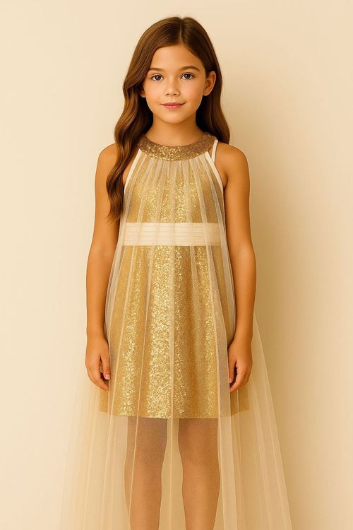 Miniğimin Cicileri Payetli Tül Başlıklı  Kız Çocuk Abiye Elbise - Beyaz