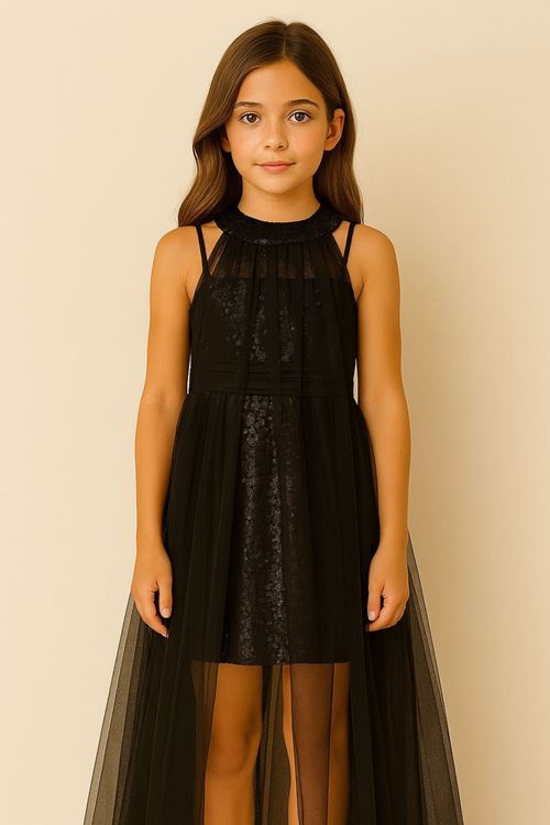 Miniğimin Cicileri Payetli Tül Başlıklı  Kız Çocuk Abiye Elbise - Siyah