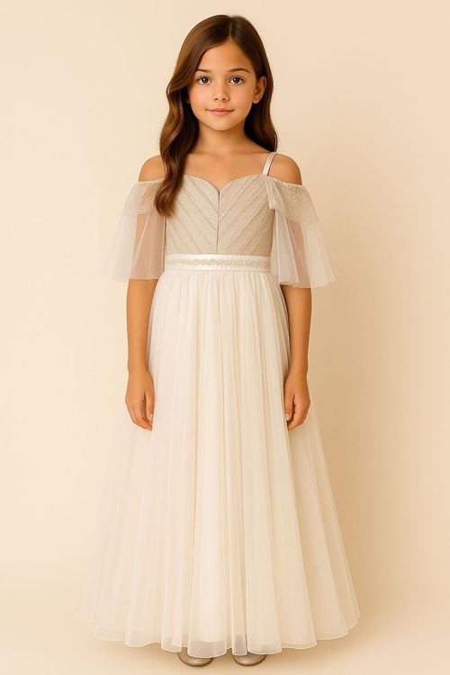 Miniğimin Cicileri Taşlı İşleme Detaylı Arkası Lastikli Düz Abiye Elbise - Beyaz