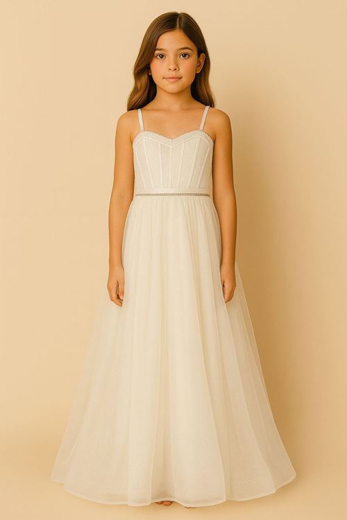 Miniğimin Cicileri İnce Askılı Taş Detaylı Beyaz Tüllü Abiye Elbise - Beyaz